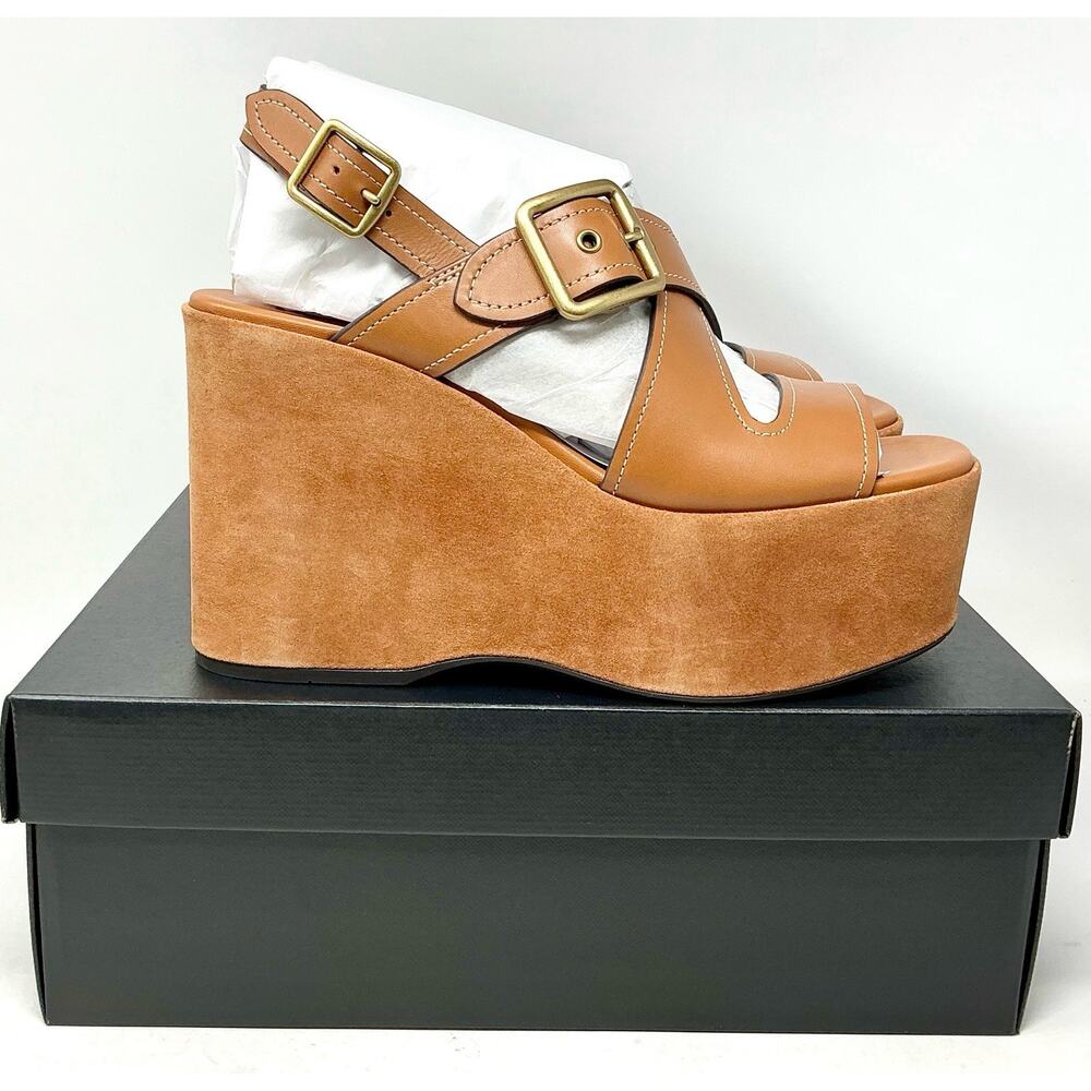 Coach Archival Buckle Platform Sandals Tan Cognac Suede Wedge Size 10 NIB - Picture 3 of 15